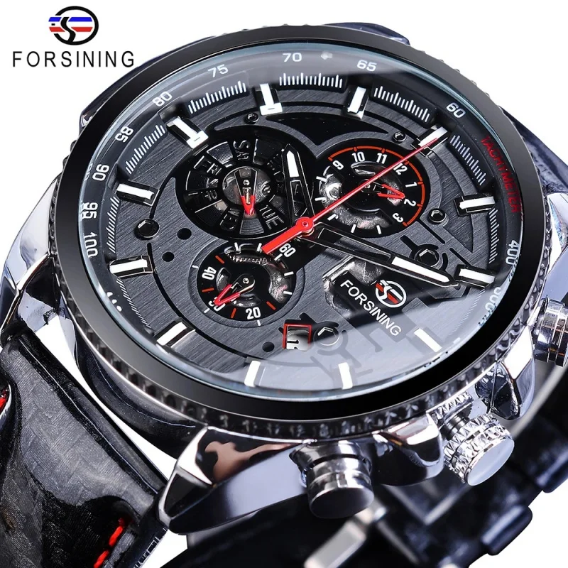 Official brand of free shippingAutomatic 's Leather Belt Three Eyes and Six Needles Mechanical Men's Watch Hot Sa