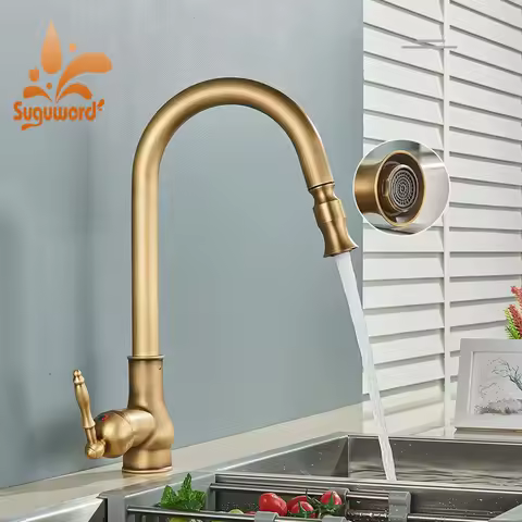 Antique Brass Kitchen Faucet Pull Out Spout Tap Deck Mount Single Handle Cold Hot Water Mixer Kitchen Washing Sink Crane