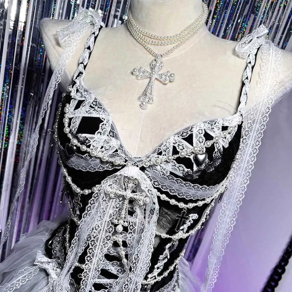 Ropa de Club para niñas electrónicas, corazón Grunge hecho a mano, TOPS de encaje Y2K, vestido gótico de los años 90, Punk Rock, Harajuku, Cruz gótica, Emo, bricolaje, Kawaii Eco