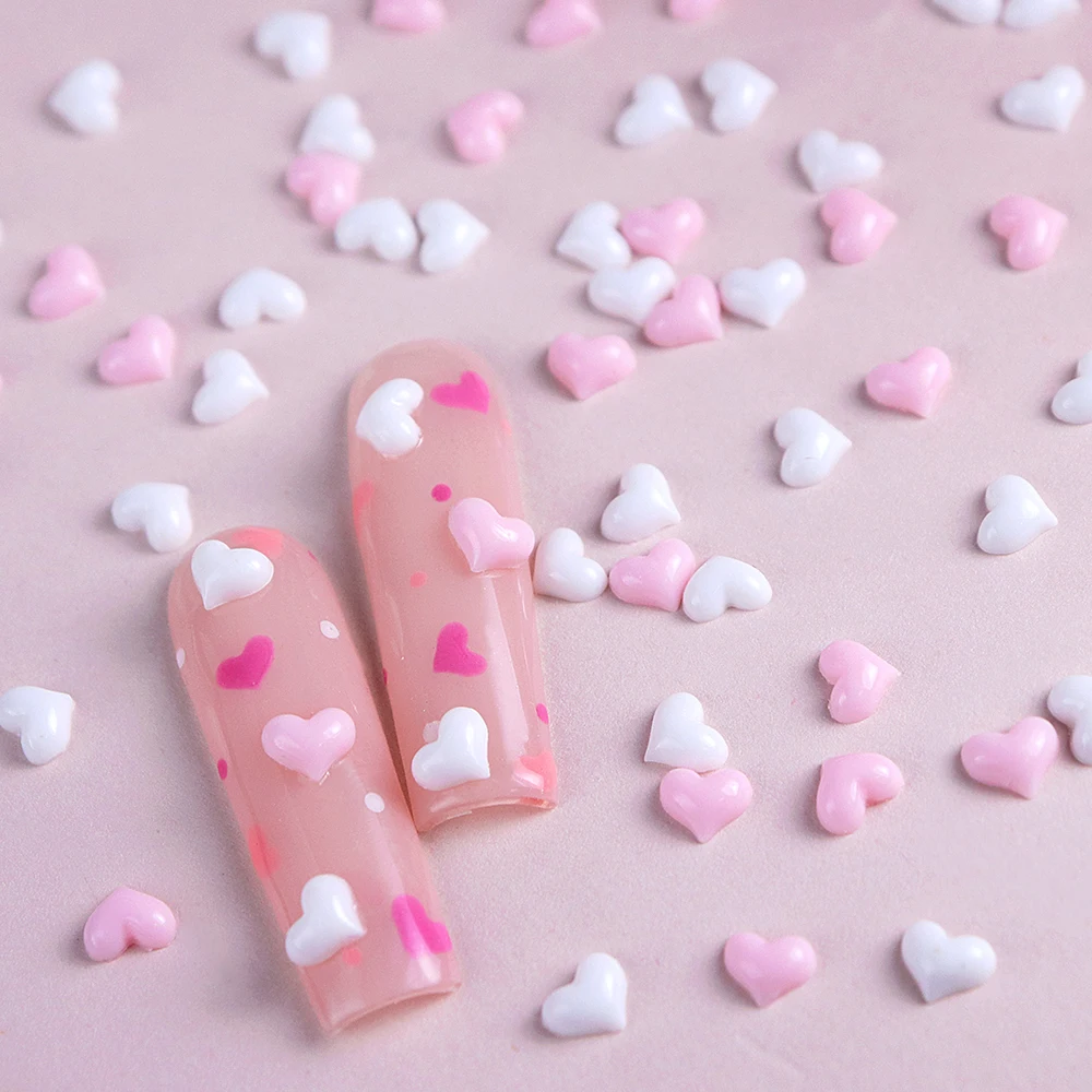 100pcs Kawaii Pink White Mini Love Heart Nail Charms 3D Heart Shape Resin Valentine's Decoration Nail Art Parts Supplies 5mm