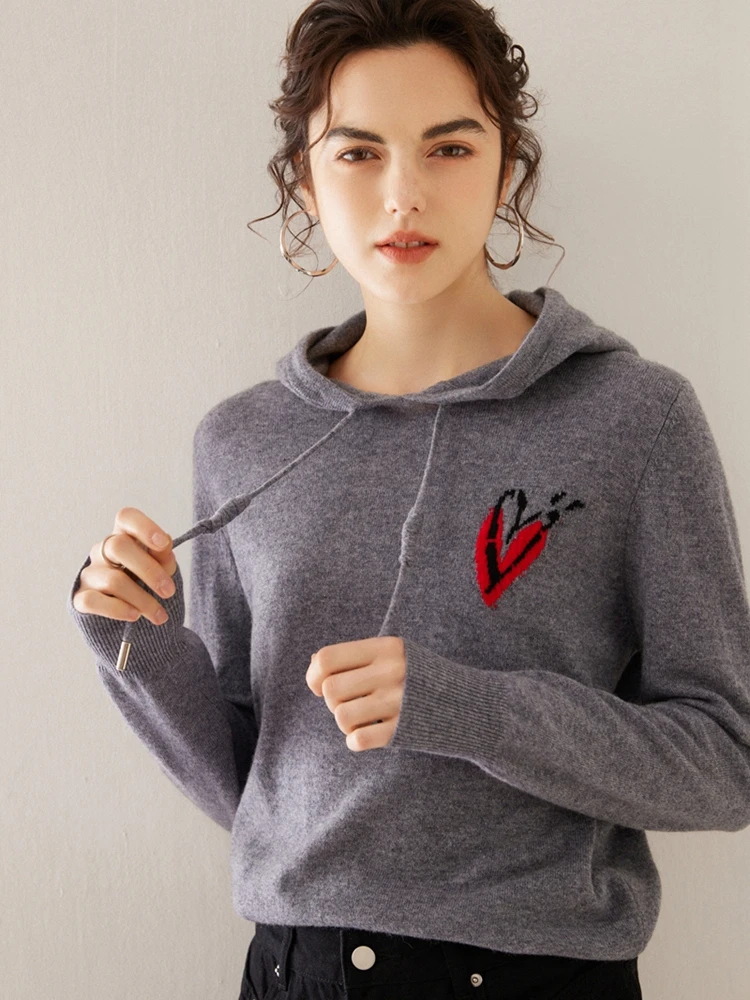 ADDONEE Women 100% Cashmere Sweater Heart Knit Hooded Pullover Autumn Winter Casual Loose 100% Cashmere Knitwear Korean Tops