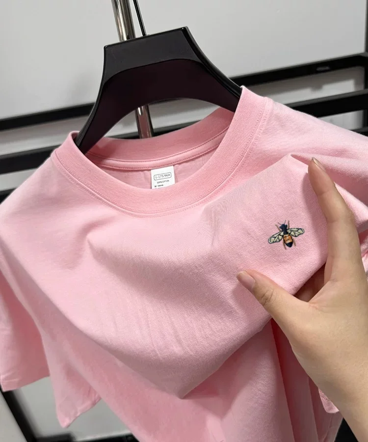 100% pure cotton luxury brand men's round neck short sleeved T-shirt summer fashion exquisite bee embroidery design sports top