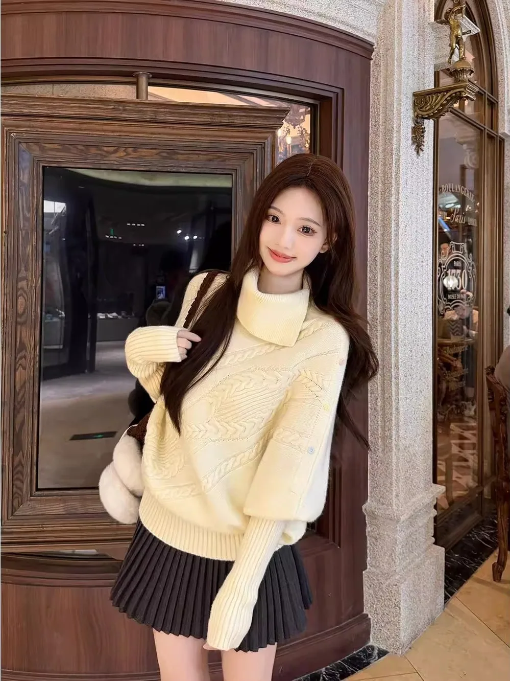 Weicher, gemütlicher Pullover mit hohem Kragen für Damen, lockeres langes Sve-Strickoberteil, Herbst-Winter, neues SLE, bequem, warm, Faion