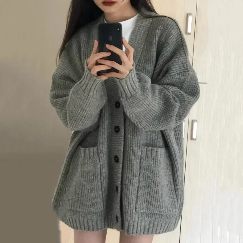 Knitted Cardigan Women V Neck Long Sleeve Solid Sweaters Single Breasted Knit Coat Patchwork Elegant Lady Autumn Winter