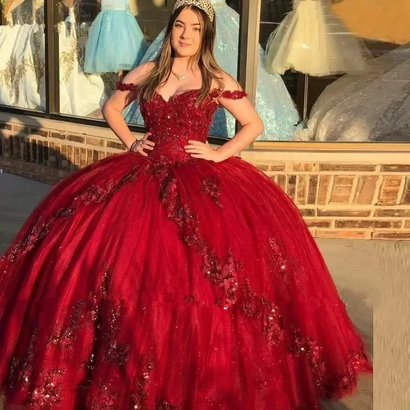 Vestidos De 15 Anos Burgundy Quinceanera Dresses Ball Gowns Off-Shoulder 3D Flower Lace Applique Pageant Prom Formal Dresses