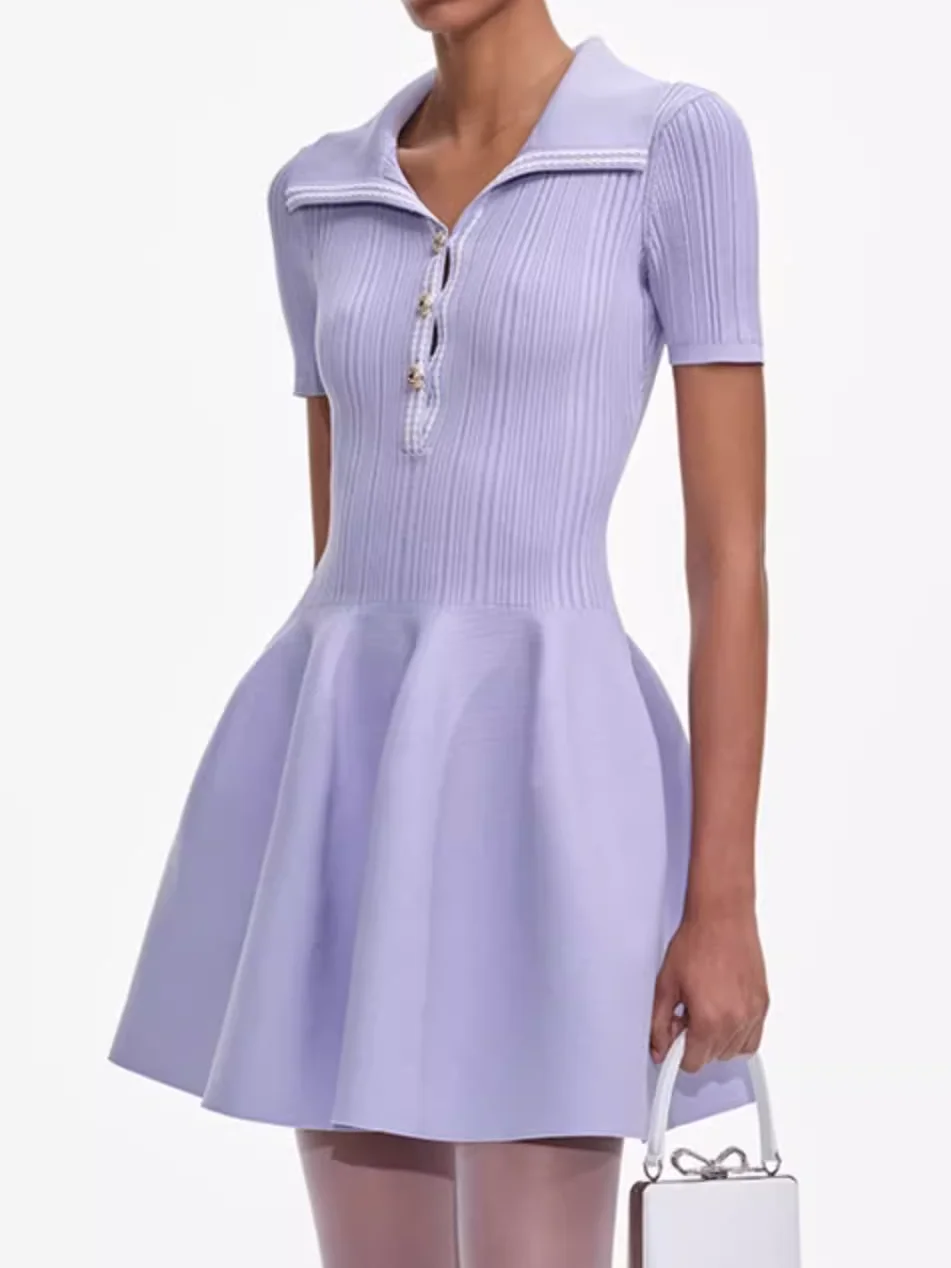 

2025 New Women Purple Knitted Dress Turn-down Collar High Waist Short Sleeve Elegant Slim Mini Robe