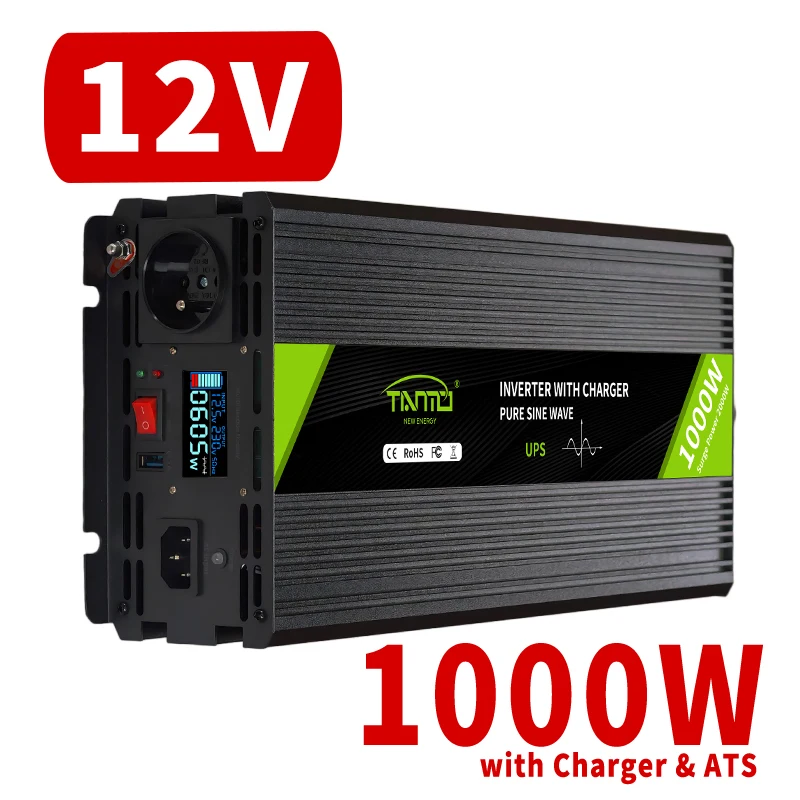 Tianmo 1000W Pure Sine Wave Inverter DC12V to AC 230V with Charger and ATS Backup System with French Sockets