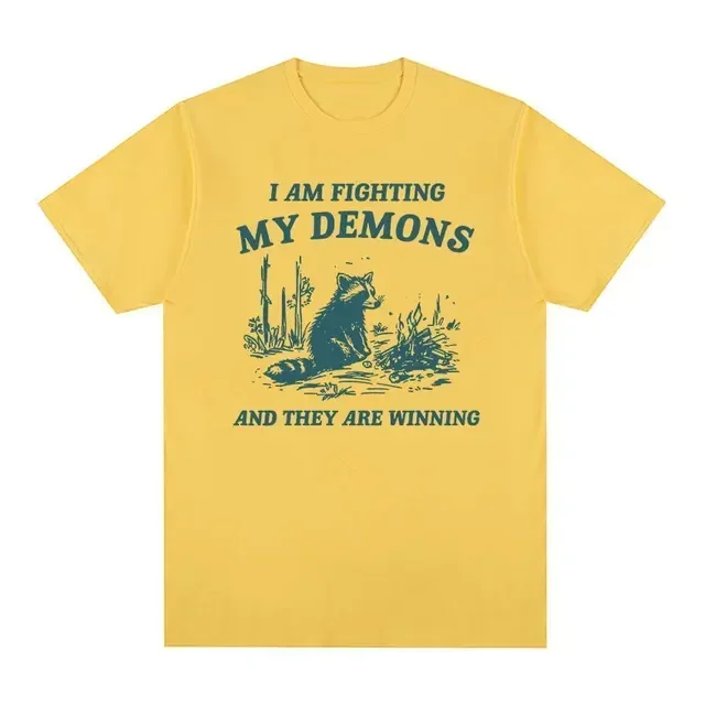 2006Fighting My Demons Raccoon Meme T Shirts Funny Men Women Fashion Harajuku Retro T-shirt Tops Casual Cotton Oversized Tshirt