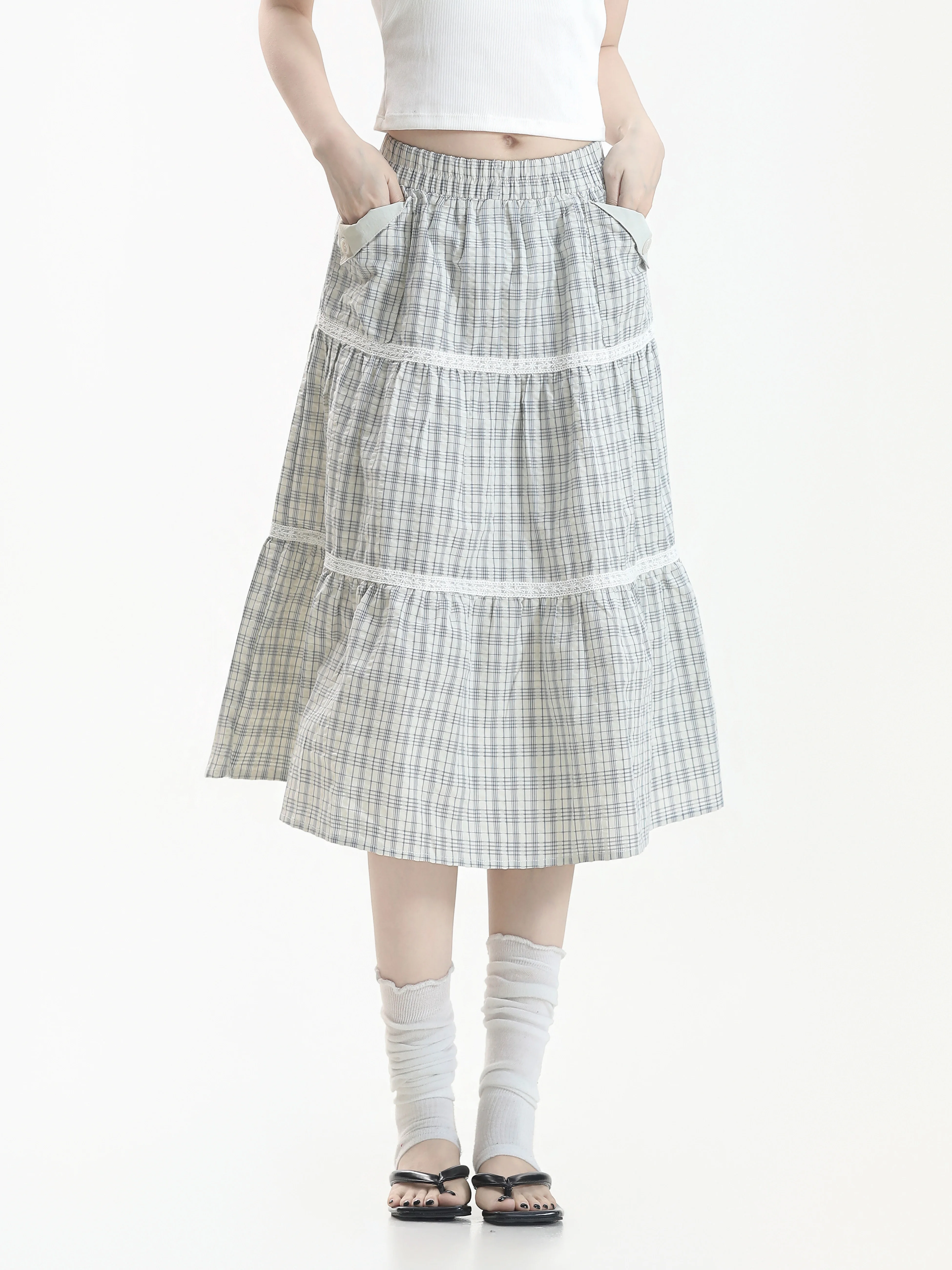 Korean Style High Waist Plaid Half Skirt with Lace Micro Elasticity Skin-friendly Breathable Casual High Waist Cake Skirt