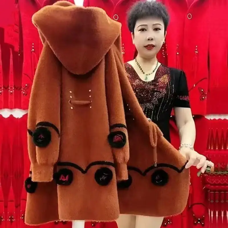 

Autumn Winter New 2025 Middle Aged Mother Faux Imitation mink Velvet Knitted Sweater Coat Women Hooded Casual Loose Woolen Coat