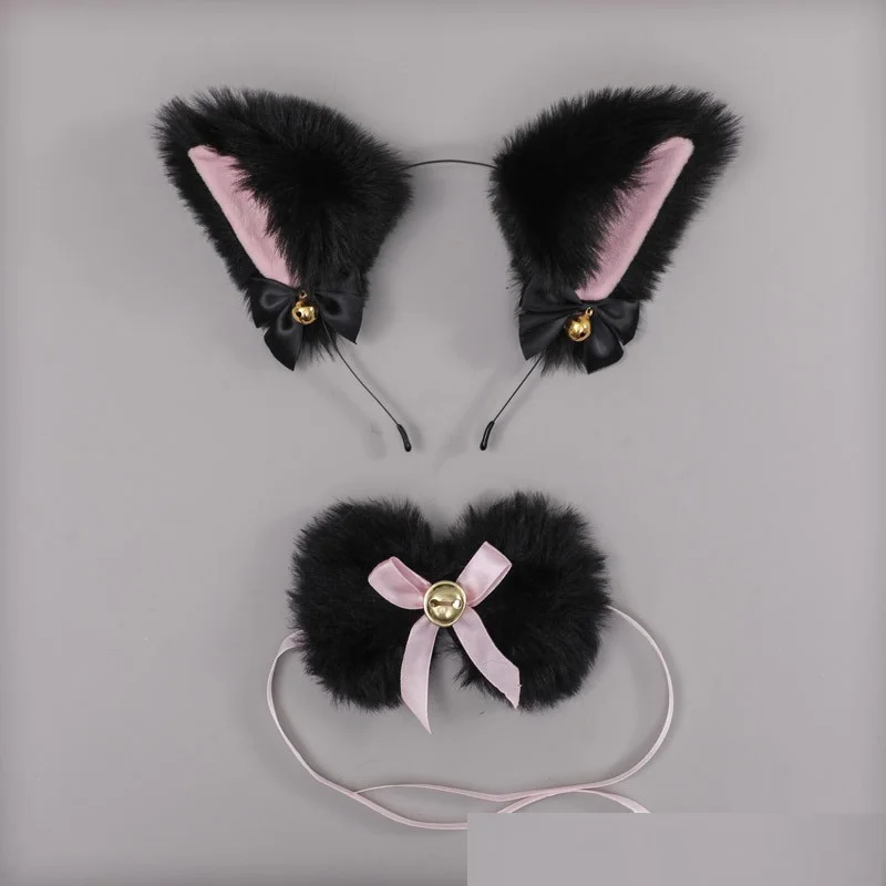 Kawaii Cat Ear Headband Necklace Anime Party Cosplay Costume Lace Bow Bell Collar Plush Headwear Women Girls Hair Accessories