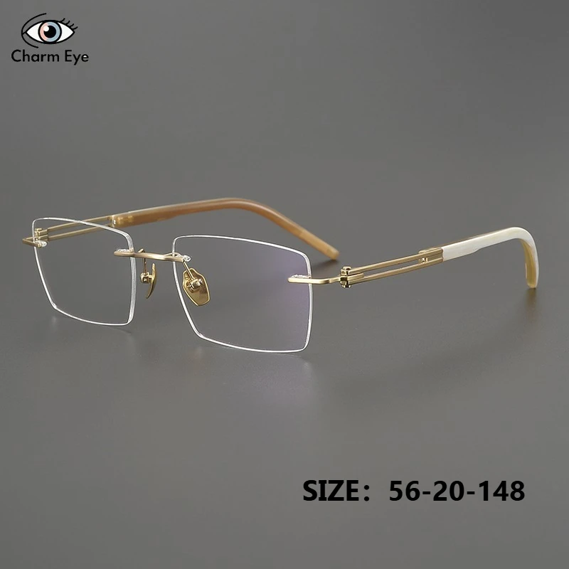 New Square Handmade Pure Titanium Glasses Frame Business Men Frameless Buffalo Horn  Leg Large Size Myopia Prescription Eyeglass