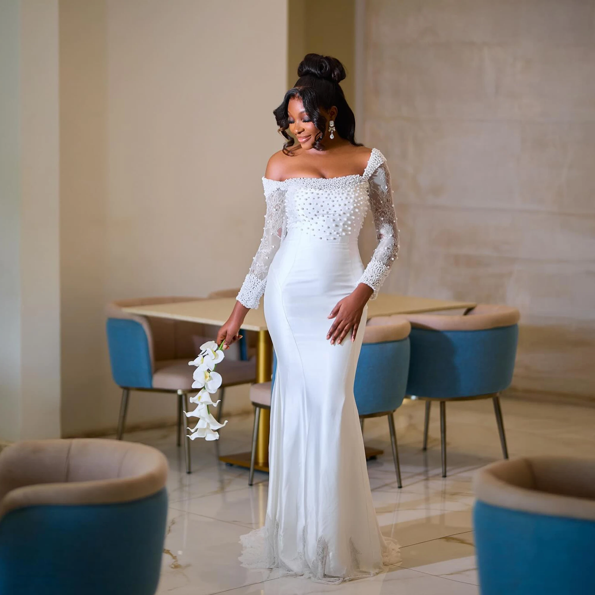 

Beaded Satin Strapless Wedding Dresses Women Bride Long Sleeve Mermaid vestido novia Luxury Bride Gowns African Customized