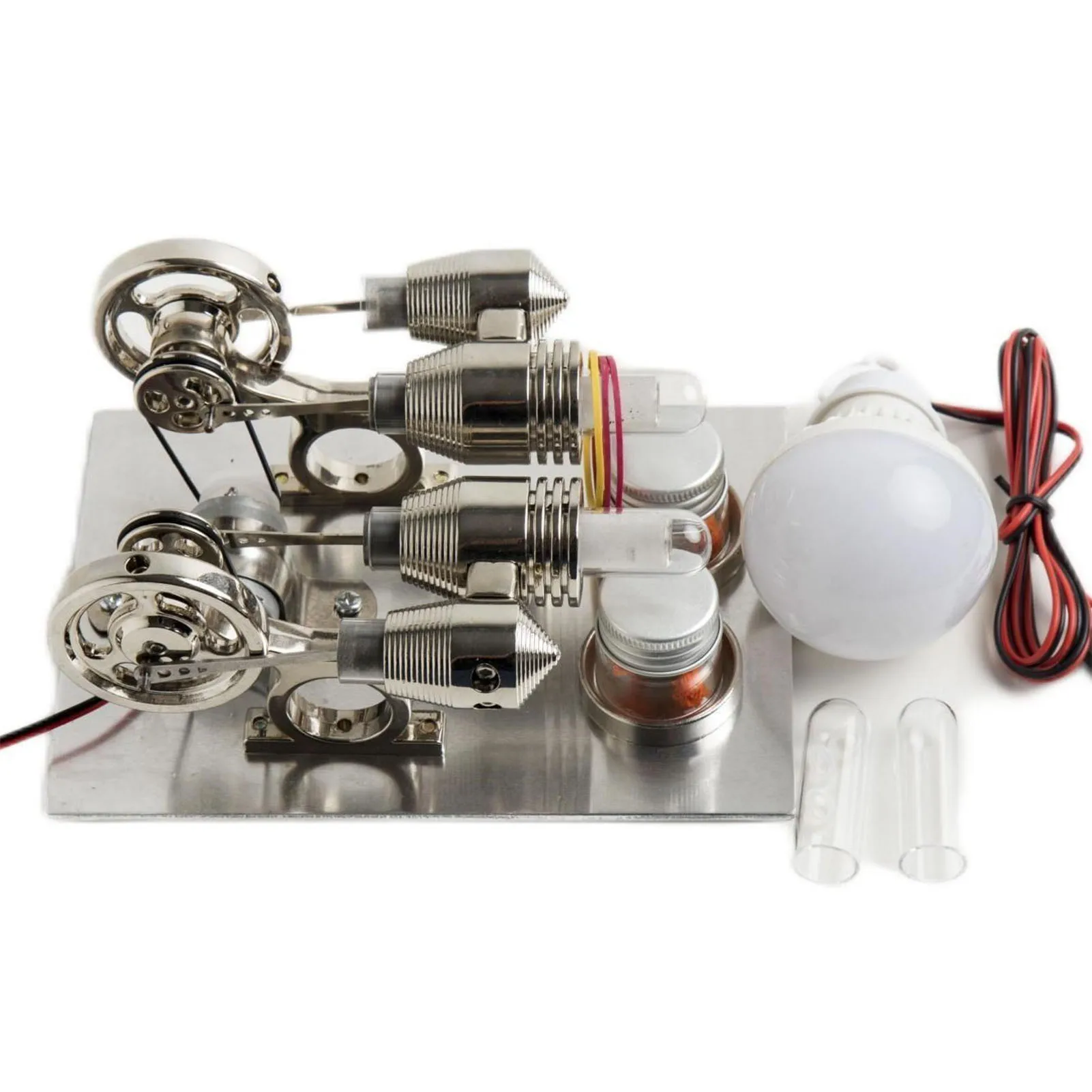 Stirling Engine Model Twin-cylinder Generator Hot Air Motor Model with LED Light Physics Science Experiment Engine Toy