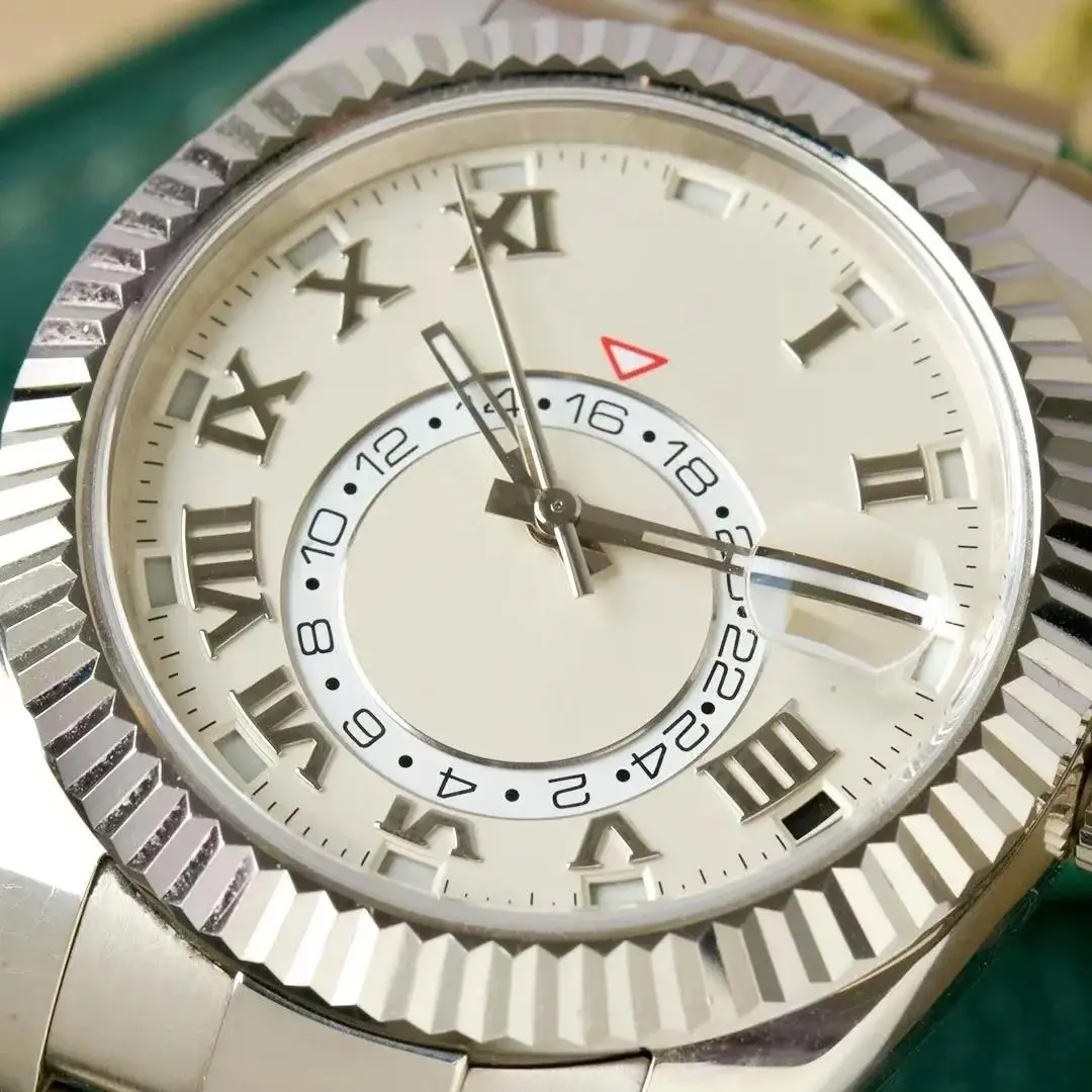 ساعة أوتوماتيكية فاخرة للرجال ساعات ميكانيكية ستانلس ستيل أخضر أسود تقويم سكاي بلو Dwellers عرض توقيت مزدوج