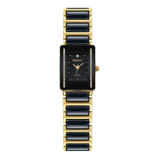 Imagen 2 del producto Reloj BERNY de cerámica de cuarzo para mujer, reloj de pulsera rectangular a la moda para hombre/mujer, pulsera de lujo con diamantes dorados, relojes de pareja, relojes de regalo