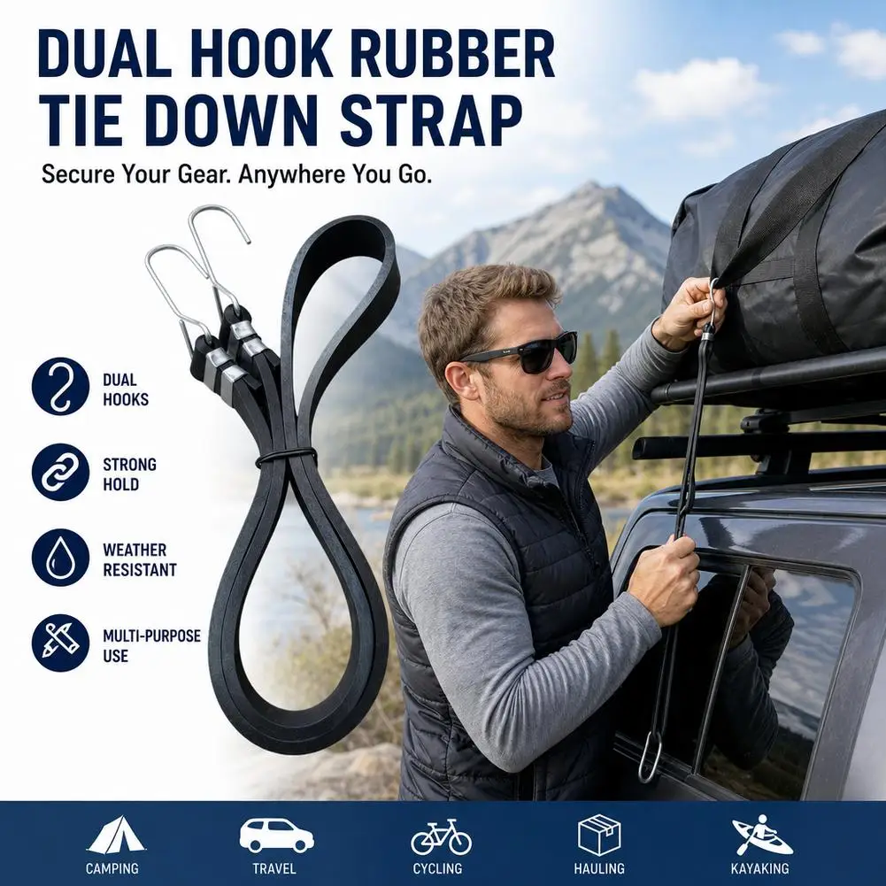 Heavy Duty Rubber Tie Down Strap Wide Thick Bungee Cord Dual Metal Hooks Elastic Luggage Cargo Belt for Car Roof Rack