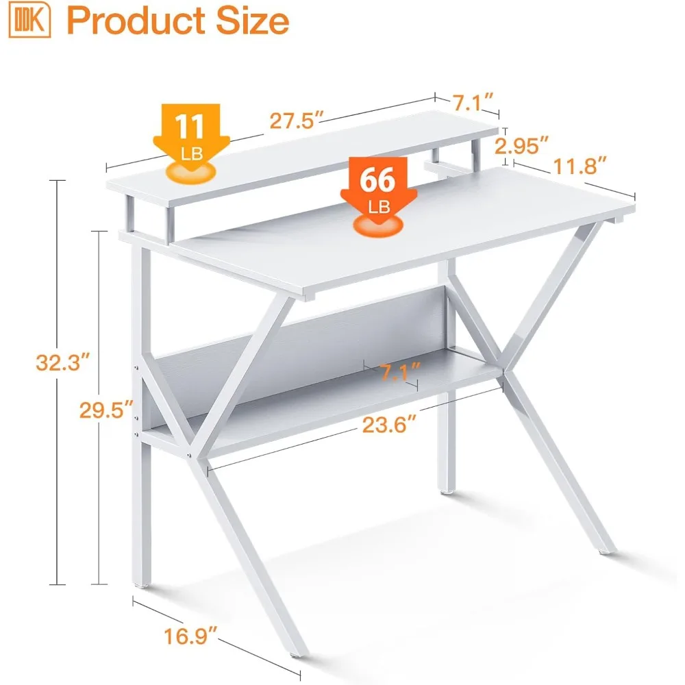 مكتب كمبيوتر مدمج مقاس 27.5 بوصة مع مساحة تخزين للمساحات الصغيرة، مكتب مثالي للمنزل مع رف شاشة وحلول تخزين #3