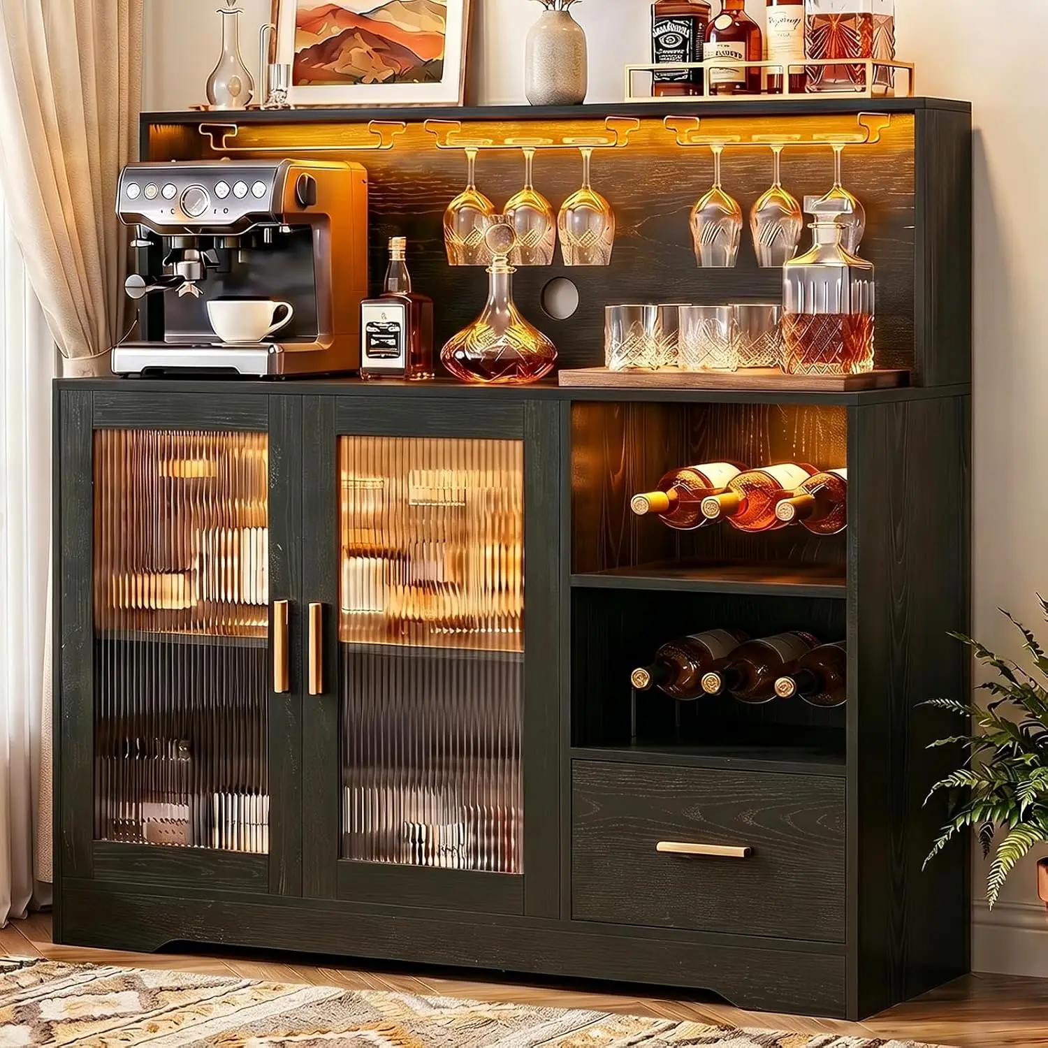 Black Wine Bar Cabinet with LED Lights & Power Outlet for Home, Customized
