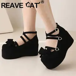 REAVE CAT Lady Pumps Round Toe Wedges Flock Suede Platform Hill 4.5cm Shoes Buckle Strap Bowknot Sweet Daily Big Size 45 46