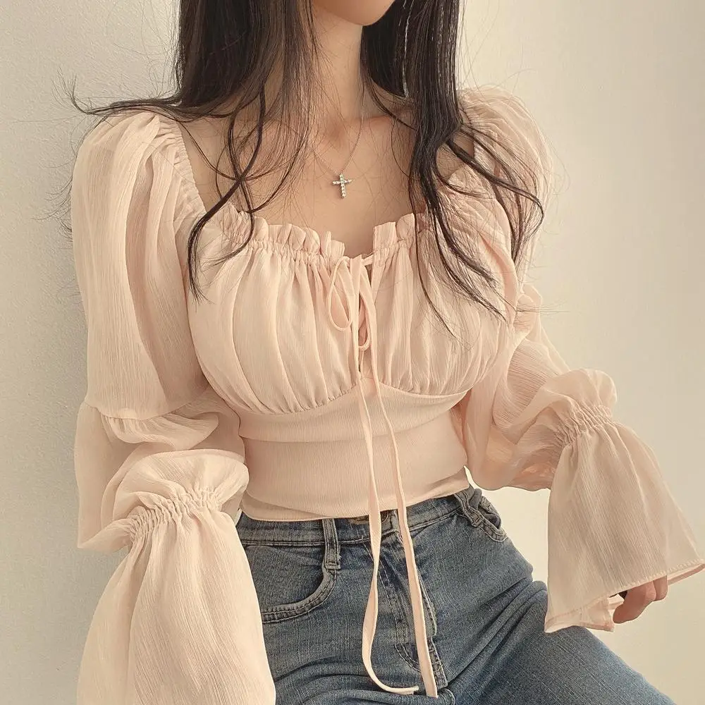 Pure Wind Snow Spinning Long Sleeve One Shoulder Tie Rope Sexy French Gentle Wind Short Shirt Women\'s Top Autumn New Collection