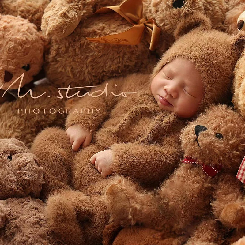 Vêtements de photographie pour nouveau-né, chapeau d'oreille d'ours, ensemble de combinaison, accessoires de photographie au beurre d'ours mignon, enveloppes de prise de vue photo pour bébé, tenues