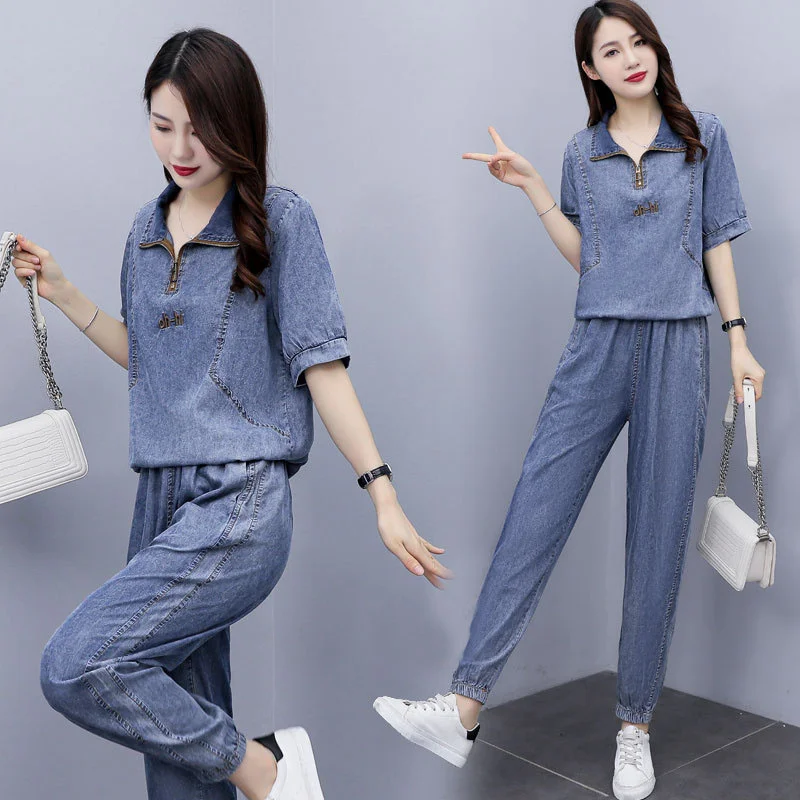 Denim Suit Women 2024 New Summer Cowboy 2 Piece Set Korean Fashion office Denim Outfit Female Casual Ladies Jeans Two-Piece