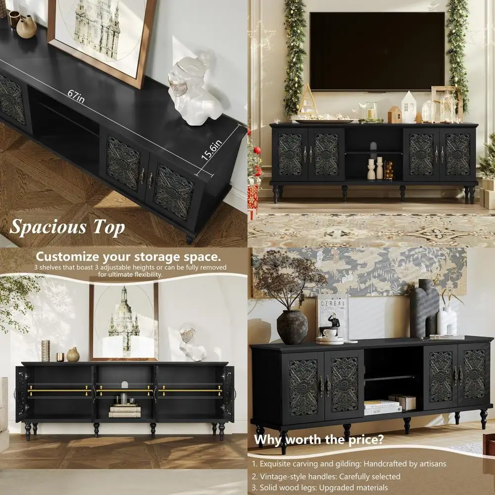 

67'' Vintage TV Stand with Hollow Carved Doors and Adjustable Shelves, Retro Entertainment Center with Storage, Long TV Consoles