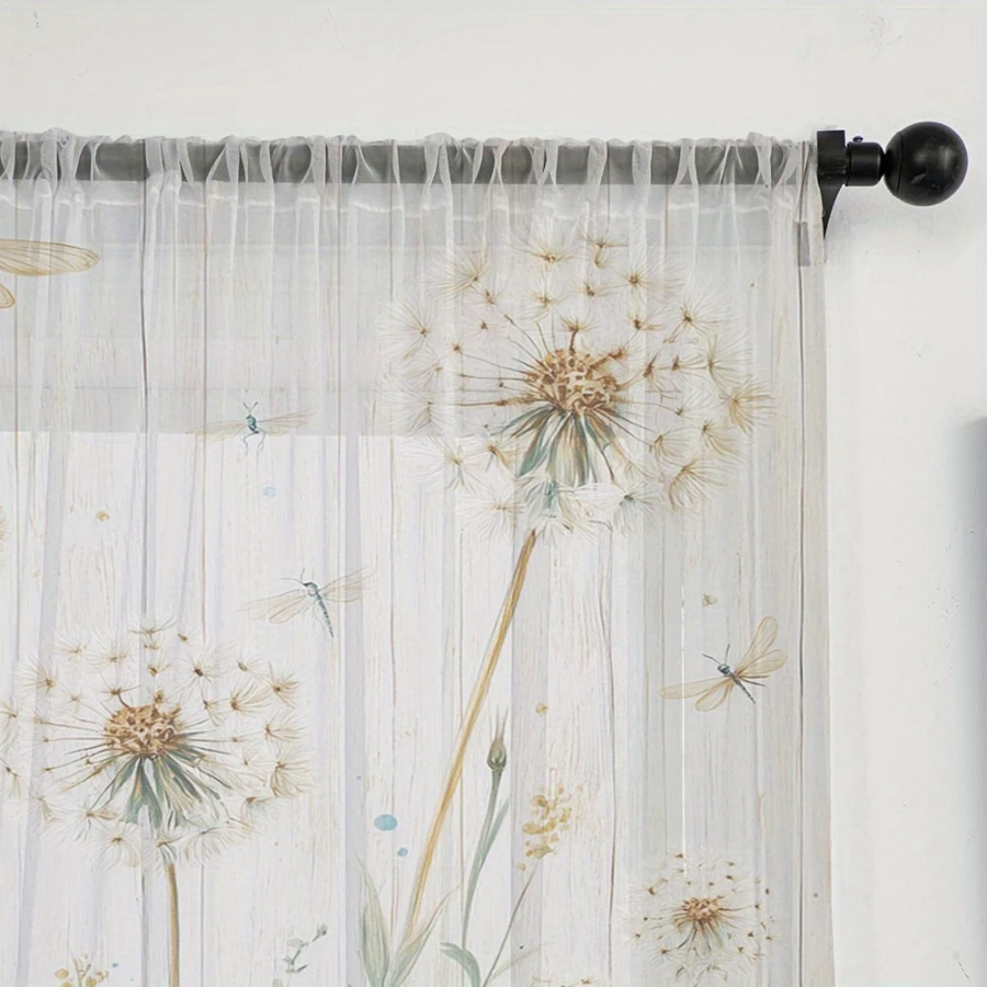 2PCS Digital Print Sheer Curtains, Yellow Dragonfly Dandelion, Nature Summer Garden for Bedroom Living Room Home Decor