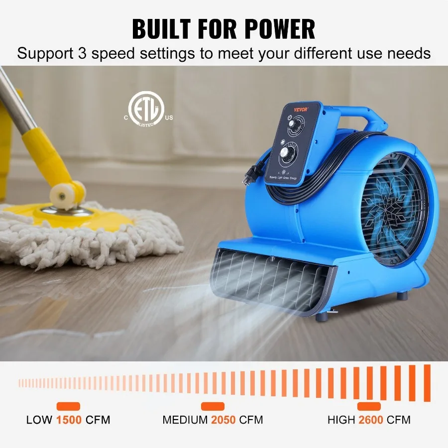 Floor Blower 1 2 HP 2600 CFM Air Mover for Drying and Cooling Portable Carpet Dryer Fan with 4 Blowing Angles and Time Functio