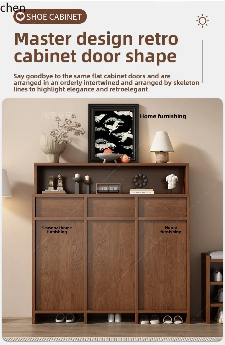 Vintage Style Integrated Wall-Mounted Skeleton Line Shoe Cabinet for Home Entrance, High-End Solid Wood Entryway Cabinet