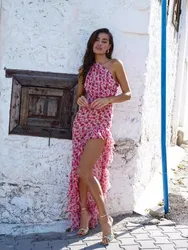 Floral Printed Off Shoulder Dresses Women Sexy Slim Slanted Collar Irregular Ruffles Slit Dress Fashion Holiday Style Vestidos