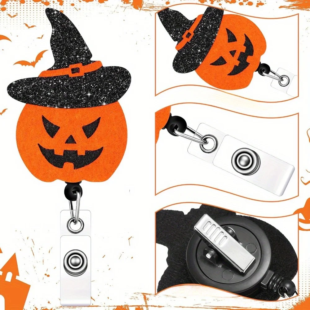 مجموعة مشابك شارة الهالوين مكونة من 4 قطع. مشابك لباد قابلة للتوسيع مع تصميمات اليقطين والساحرة للموظفين الطبيين والمكتبيين.