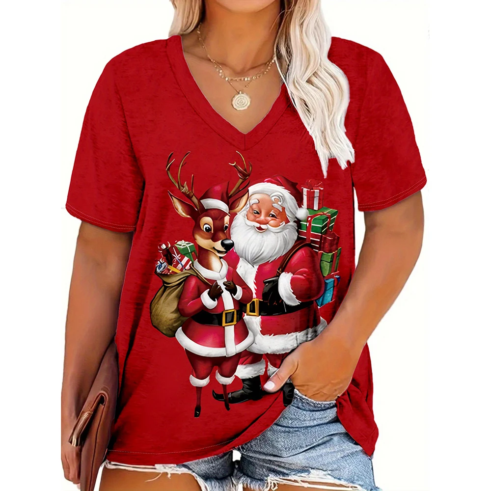 Women\'s Cartoon Santa Claus Print Tops Christmas T Shirts Tees Short Sleeve V-Neck Casual Party Clothing Oversized Ladies Tops