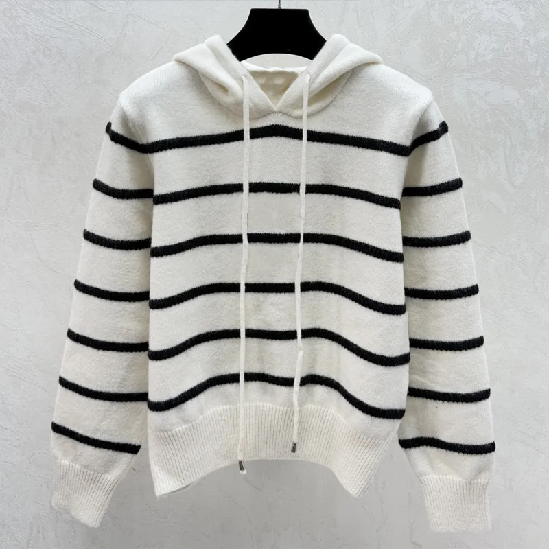 

High quality Black and white striped women's hooded knitted pullover sweater with plush logo woman clothes 25122220