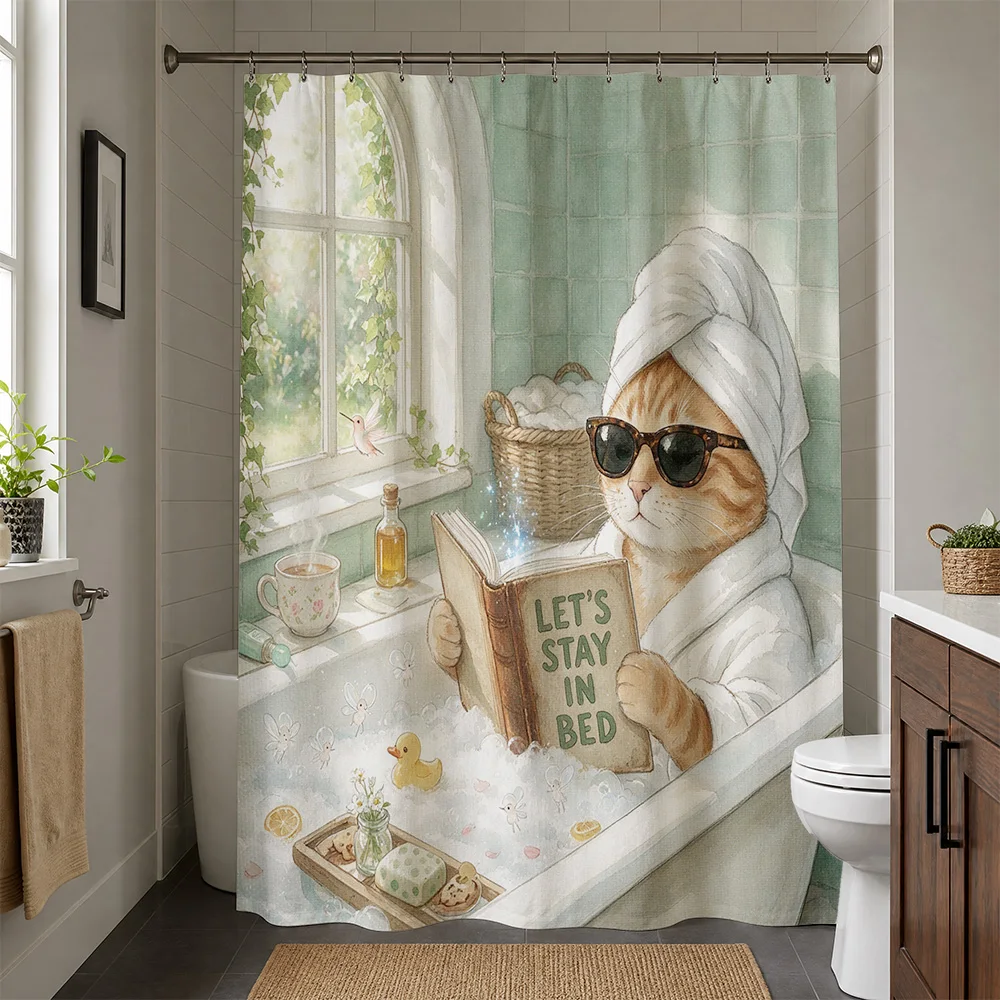 Funny Cat Reading Book Bath Shower Curtain Cute Pet Lover Bathroom Decor Novelty Shower Curtain
