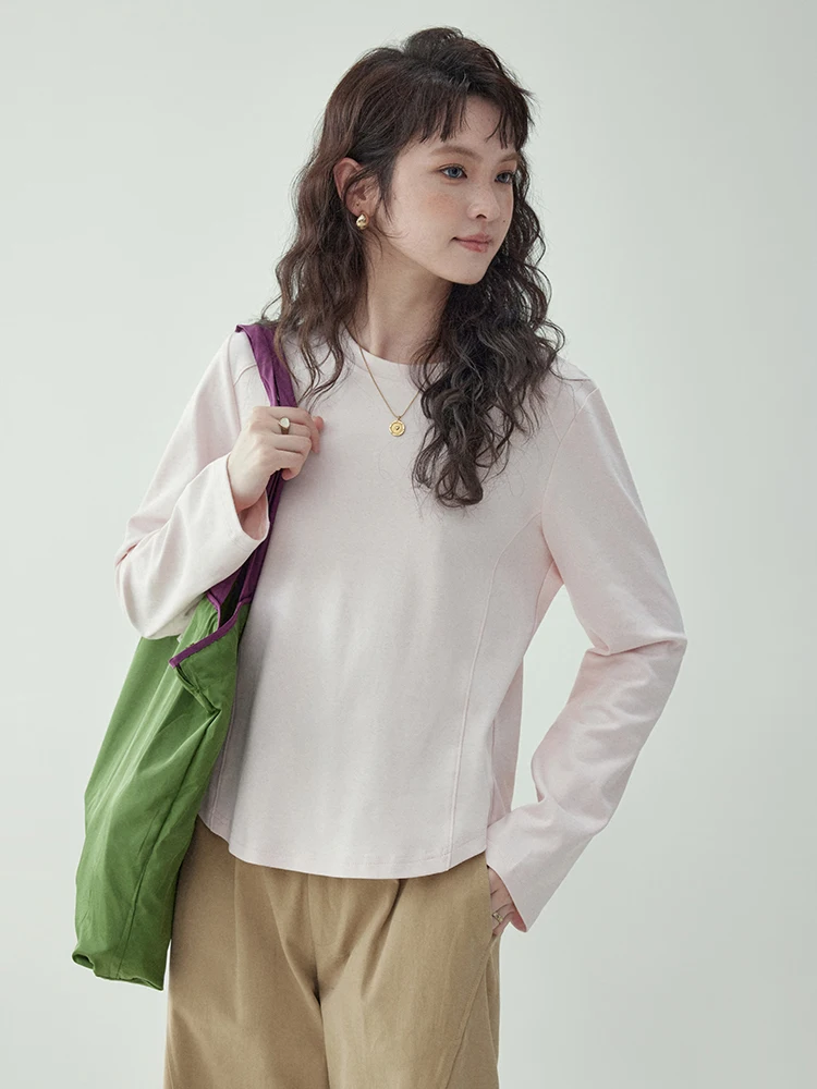 Slimming Effect Loose Long Sleeve round Neck T-Shirt Women's Base Shirt Top Casual Style Pure Color Cotton Blend Fabric