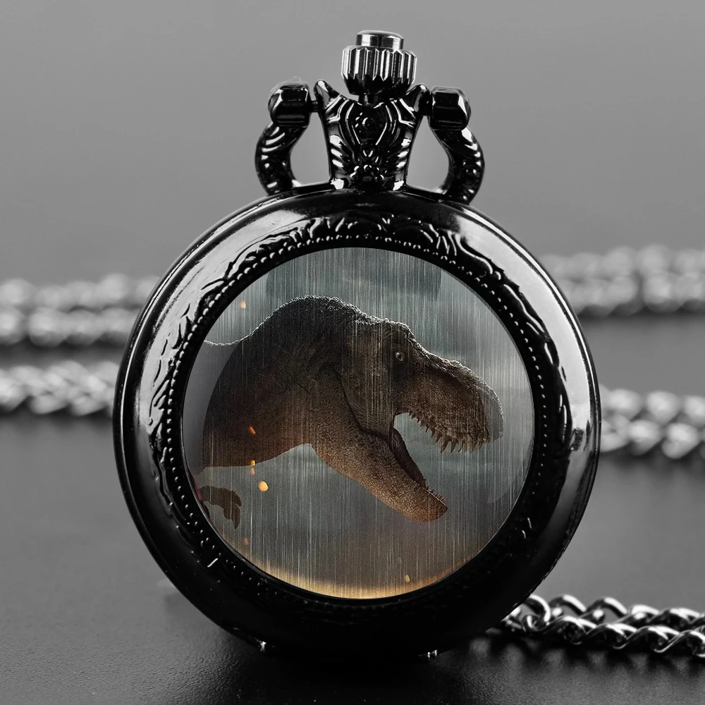 Dinosaur Park Glass Dome Quartz Pocket Watch With Durable Chain Arabic Numeral Dial Halloween Gifts for Men Women Kids