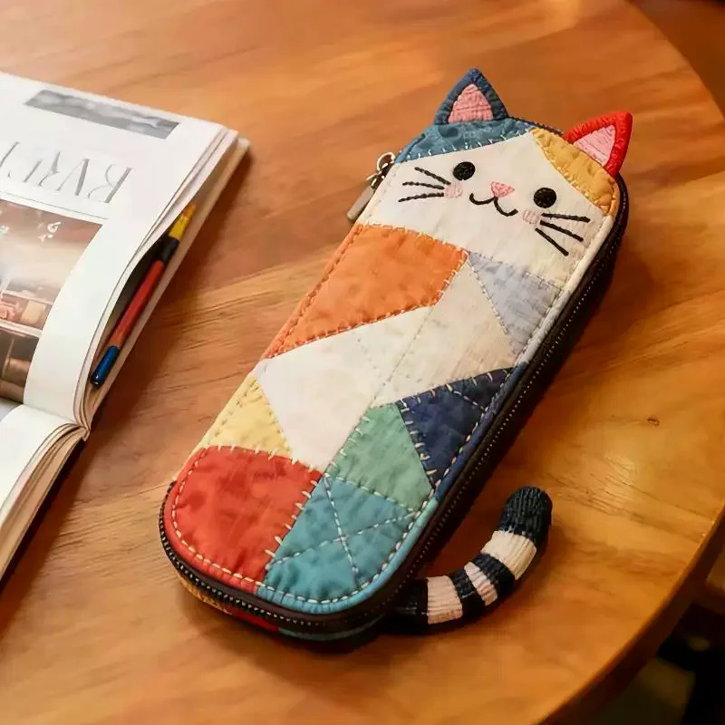 Cloth Cat Pencil Case Patchwork Japanese Style Cartoon Pen Bag Multifunctional Color Block Stationery Storage Bag Office