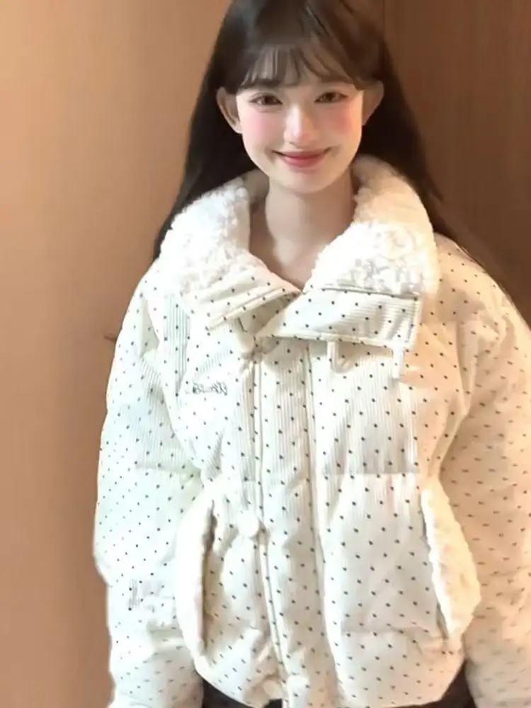 

Kawaii Korean Style Women Parkas Autumn Winter Casual Plush Patchwork Lined Down Polka Dot Print Loose Warm Padded Coat