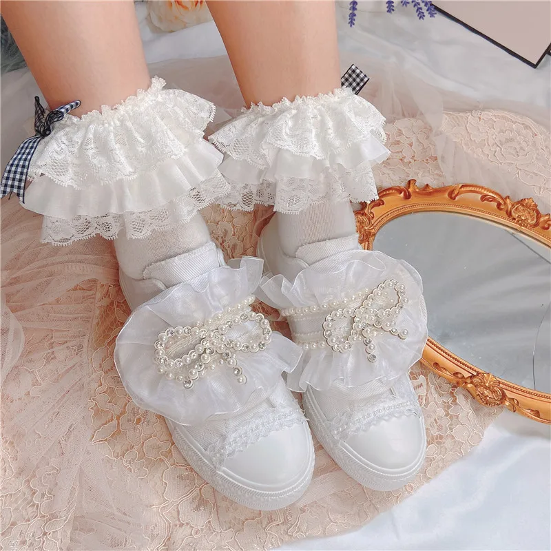 2022 White Canvas Women Sneakers Sweet Lolita Lace Pearls Bow Flat Casual Shoes Ladies Trainers Girls Tennis Vulcanized Shoes