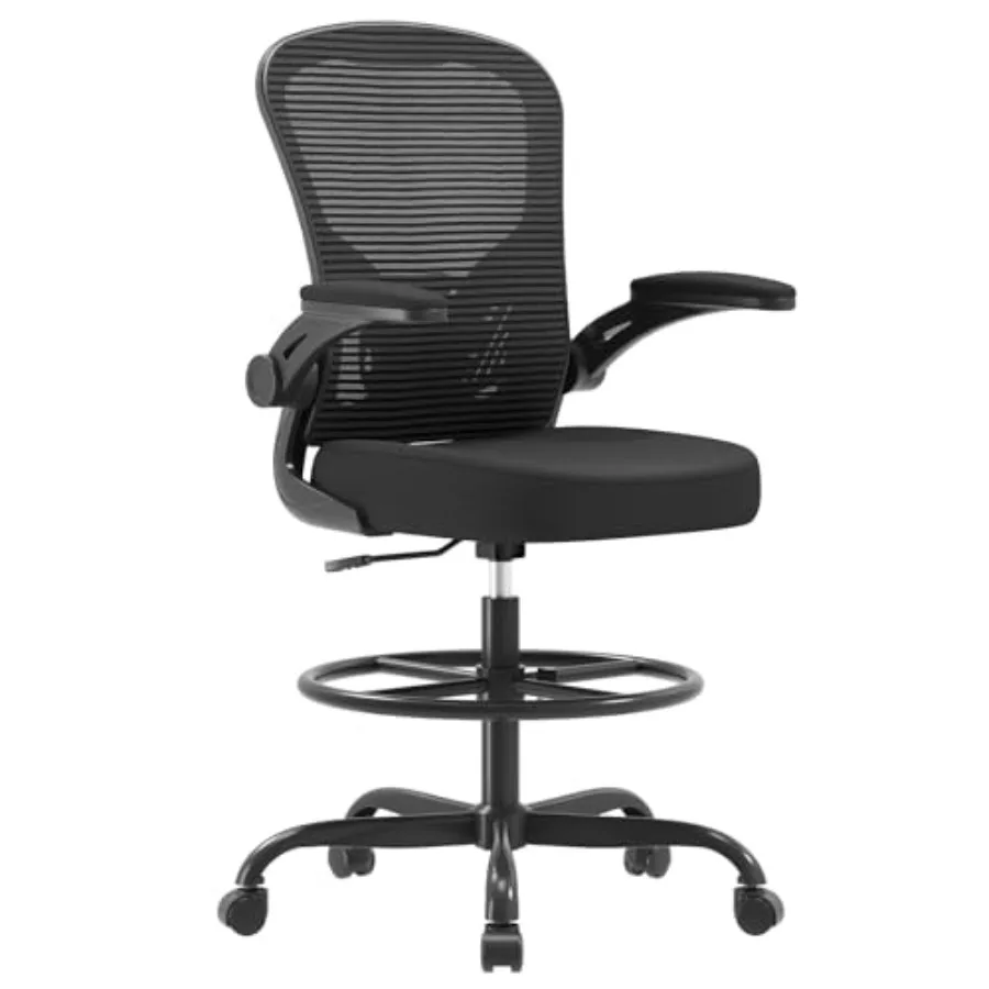 Ergonomic Drafting Chair, Tall Office Chair with Flip-up Armrests, Breathable Mesh High Desk Chair with Lumbar Support Adjustab