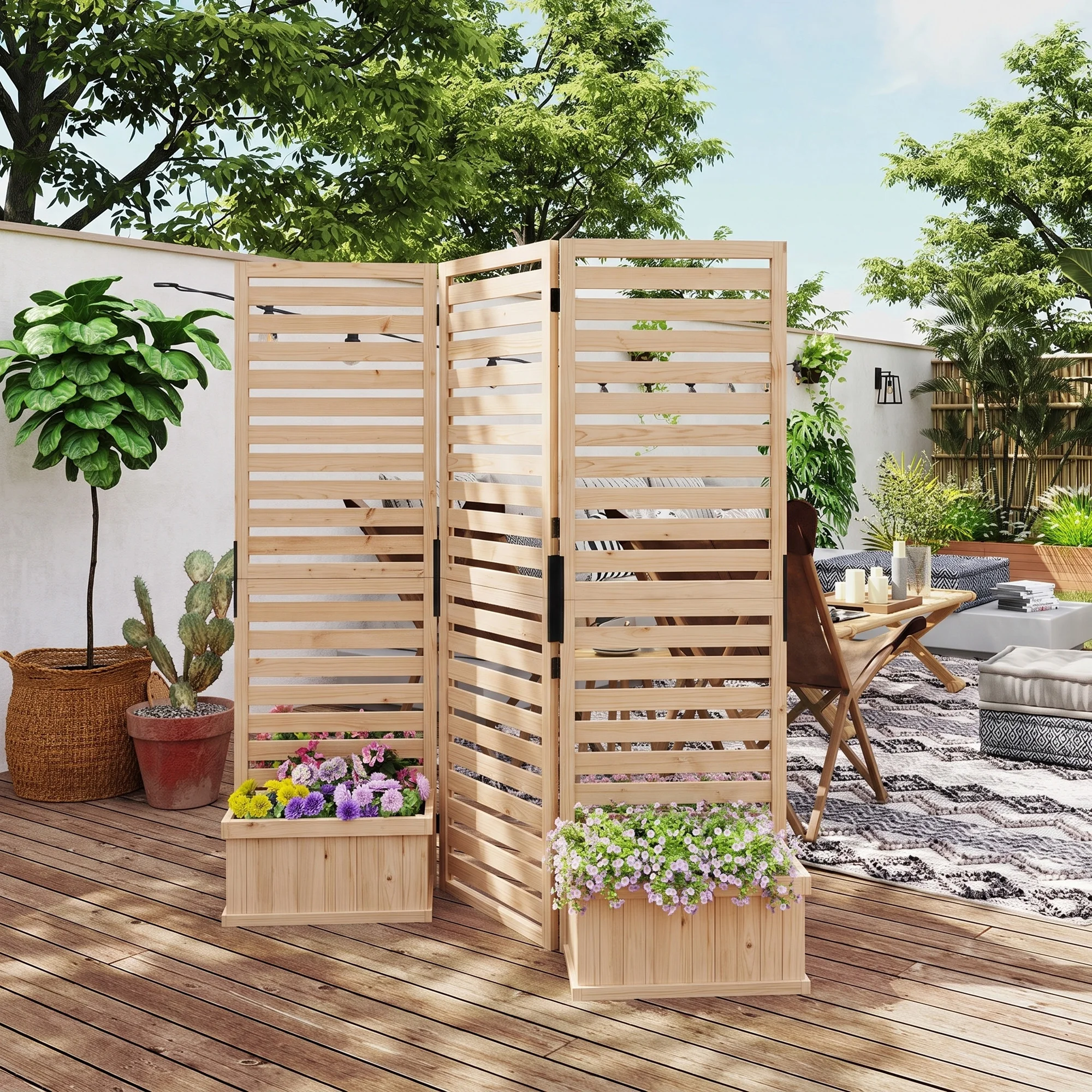 Wood Privacy Screen w/ 4 Planter Box, Raised Bed w/ 3 Panels & Drainage Holes