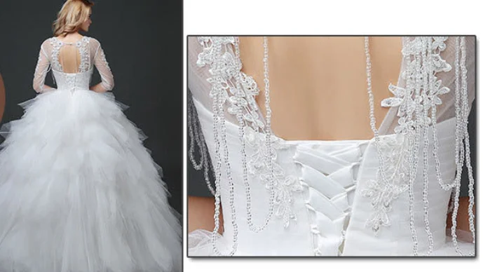 Customized High-End Tulle Ball Gown Wedding Dress with Trailing Flower Design Mid-Sleeves Lace Tied Shoulders for Pageant