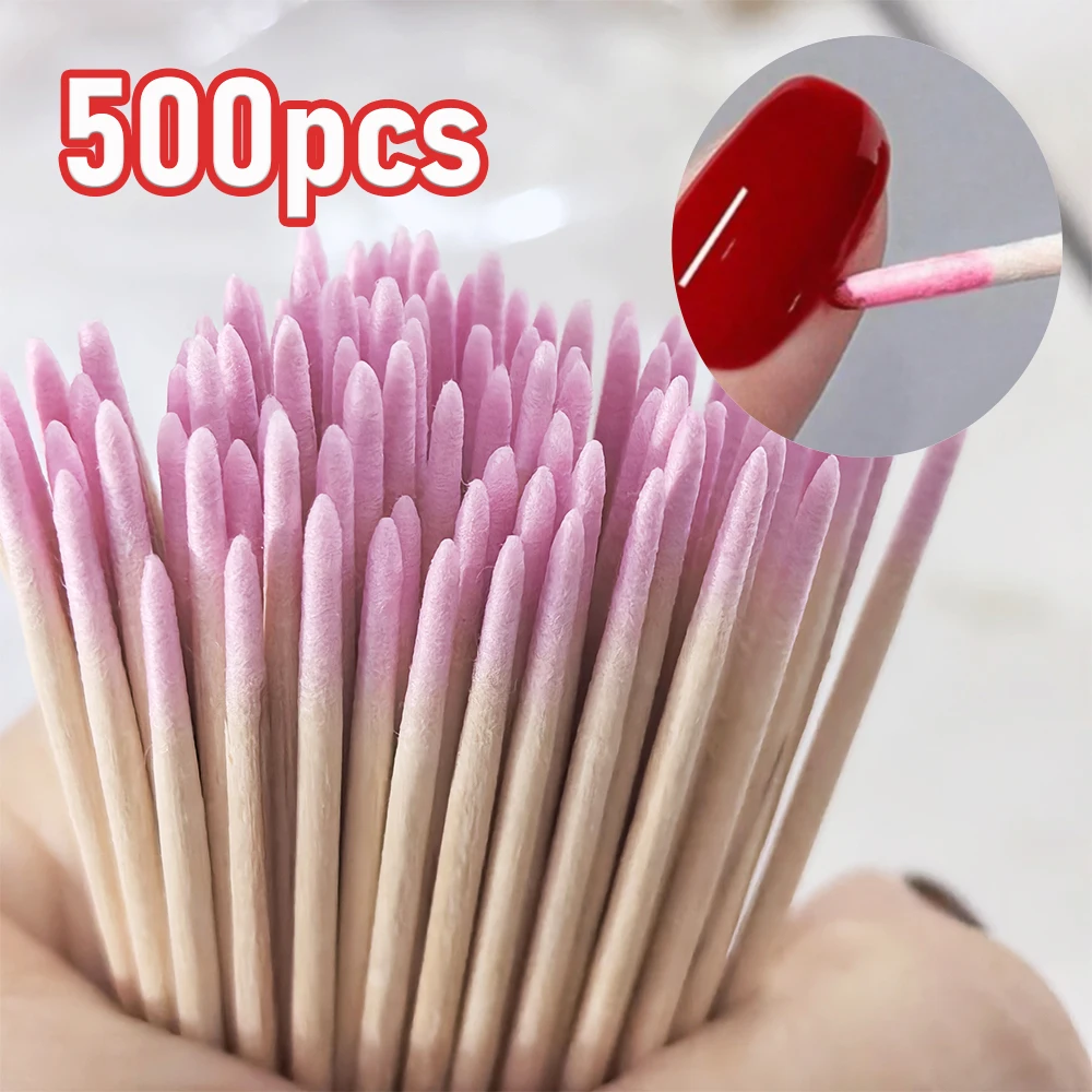 500/100pcs Pink Double-Head Wood Cotton Swab with Precise Pointed Tips Wooden Nail Cleaning Makeup Manicure Salon Nail Tools 7cm