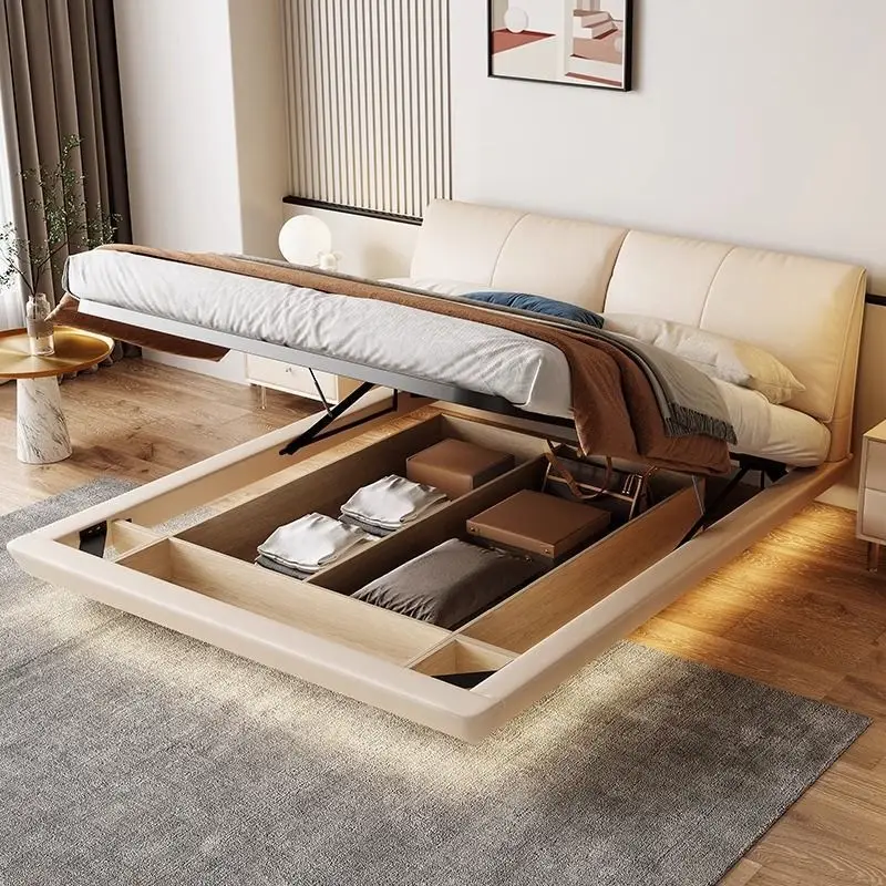 Elephant ear storage suspension bed, master bedroom, double leather bed, cream style storage high box suspended bed