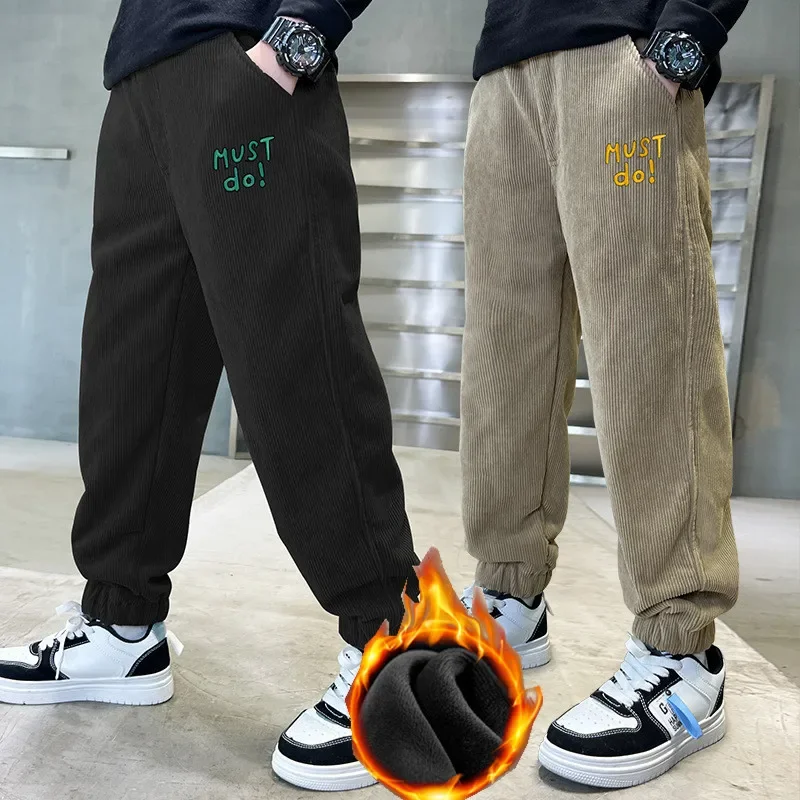 Winter Teenage Boys Warm Thick Pants Sports Fleece Lined Pants for Kids Black Khaki Casual Trousers 6 8 10 12 Year Child Clothes