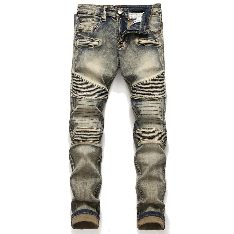 

2024 retro color motorcycle jeans men's fashion street stitching trendy handsome slim-fitting stretch pencil pants skinny pants
