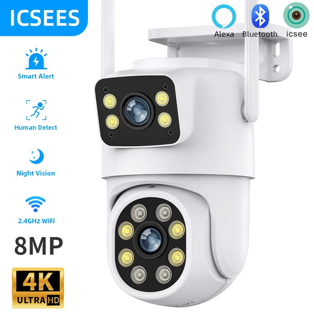 

8MP 4K WIFI Outdoor Surveillance Camera Dual Lens Dual Screen AI Auto Tracking IP Video PTZ Camera CCTV Two Way Audio iCSee