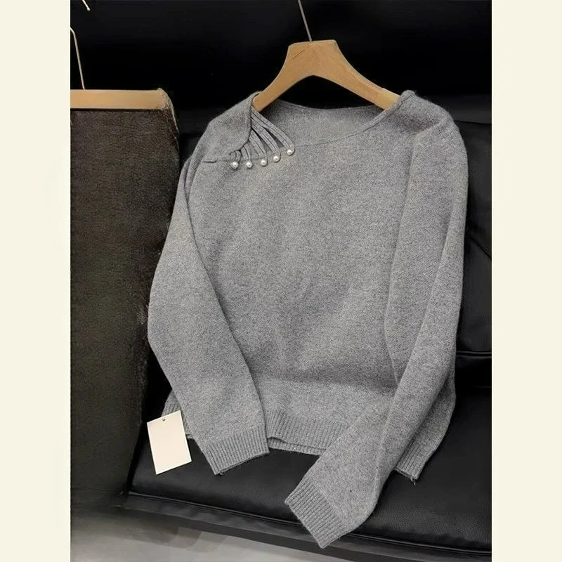 

Nail Bead Round Neck Sweater 2025 Autumn New Style Versatile Causal Knit Sweater Long Sleeved Base Top for Women